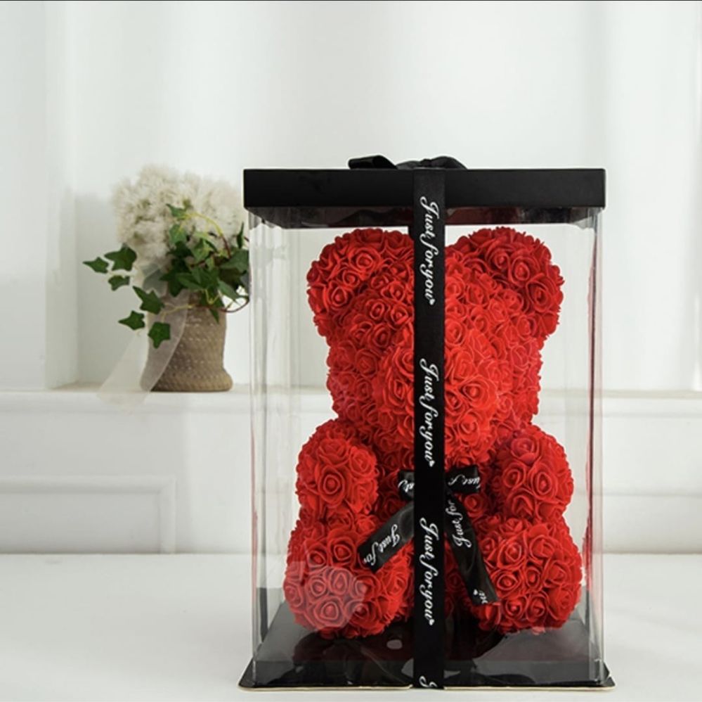 Ursulet de Trandafir + Cutie Cadou – Rosu – 25 cm