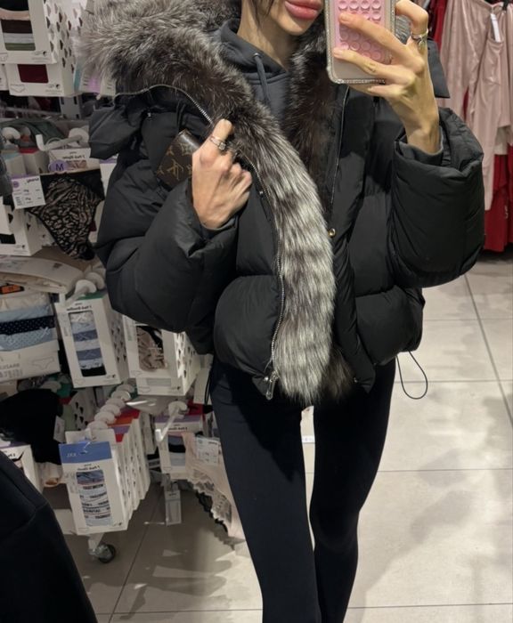 УНИКАЛНО зимно черно яке естествен косъм лисица гъши пух