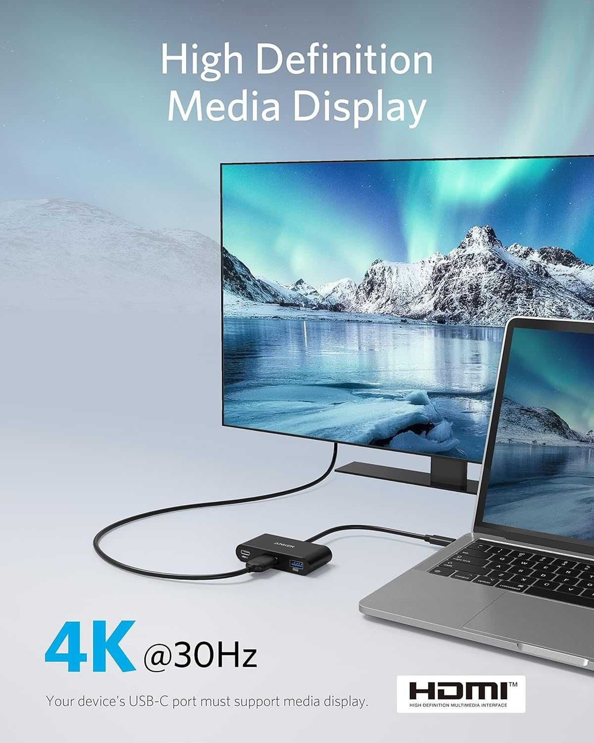 Anker 321 PowerExpand 3-in-1 USB-C PD Hub Gray,4K HDMI хъб,с 100-90W