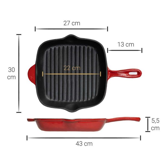 Tigaie grill fonta emailata, rosie, 27x27 cm, Cooking by Heinner Red