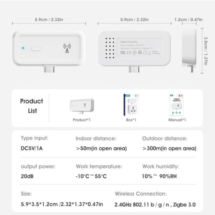 ZigBee 3.0 Signal Repeater (усилитель сигнала ZigBee, 20 dB, Tuya)