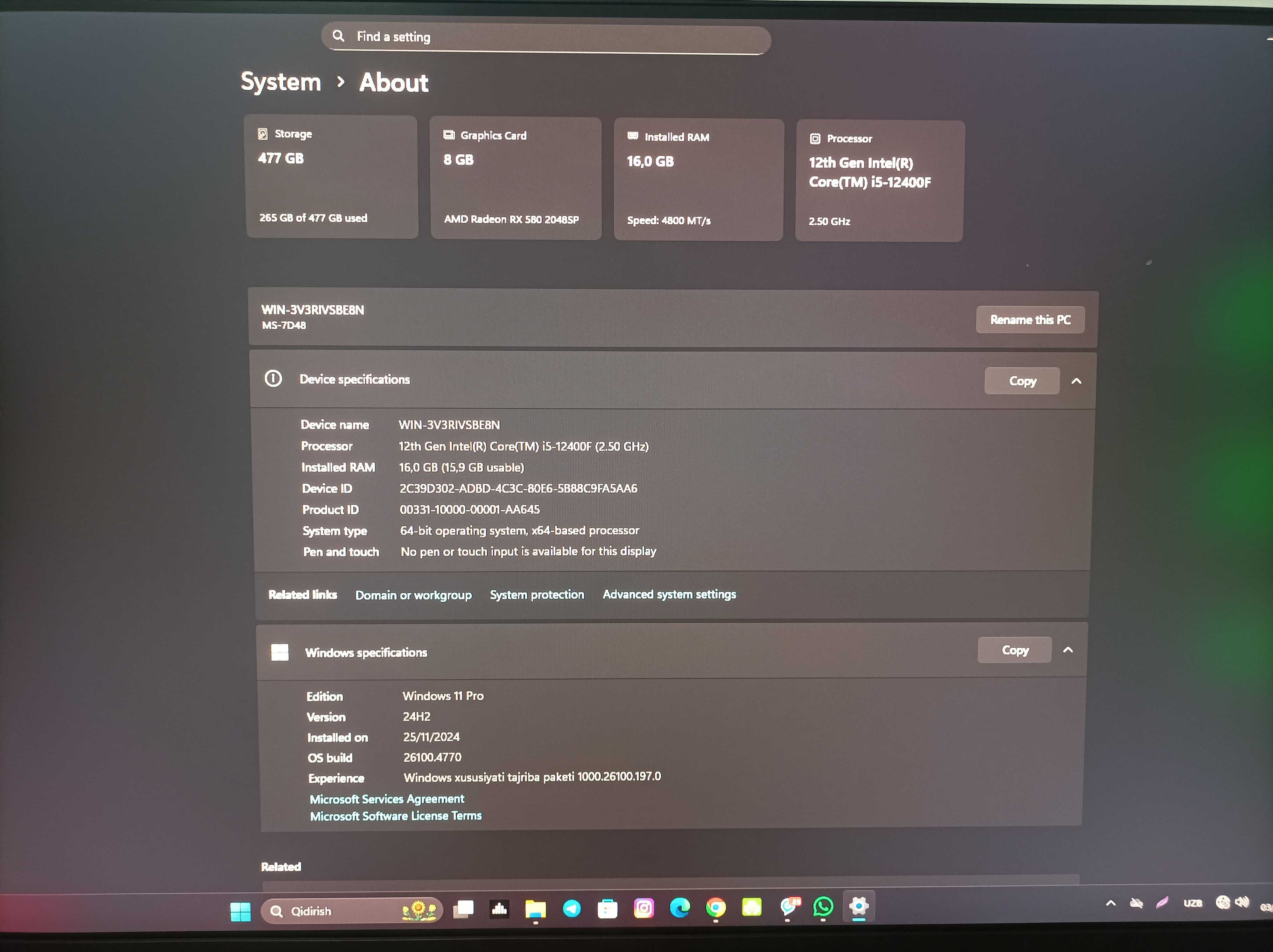 MSI kompyuter ddr5 pc i5 12400f