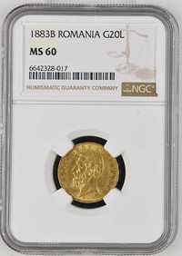 Moneda AUR 20 lei 1883 MS60, Carol I, gradata si certificata de NGC.