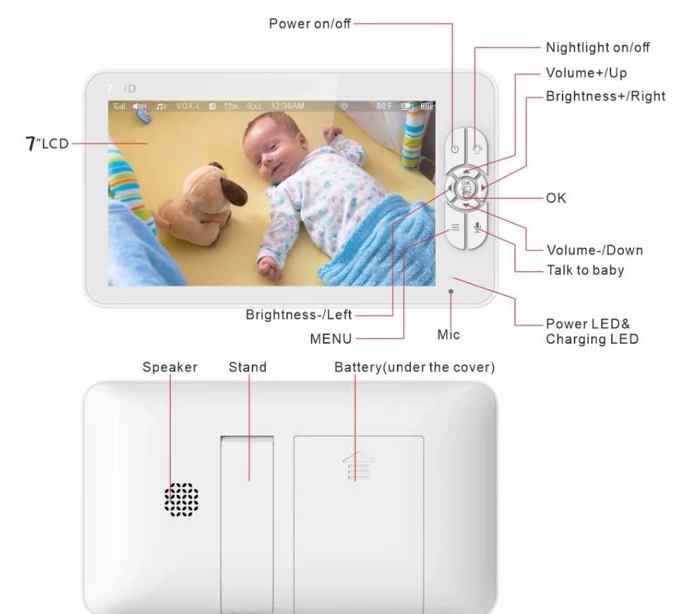 Video Baby Monitor cu 2 camere si ecran 7 Inch, baterie 4000mah