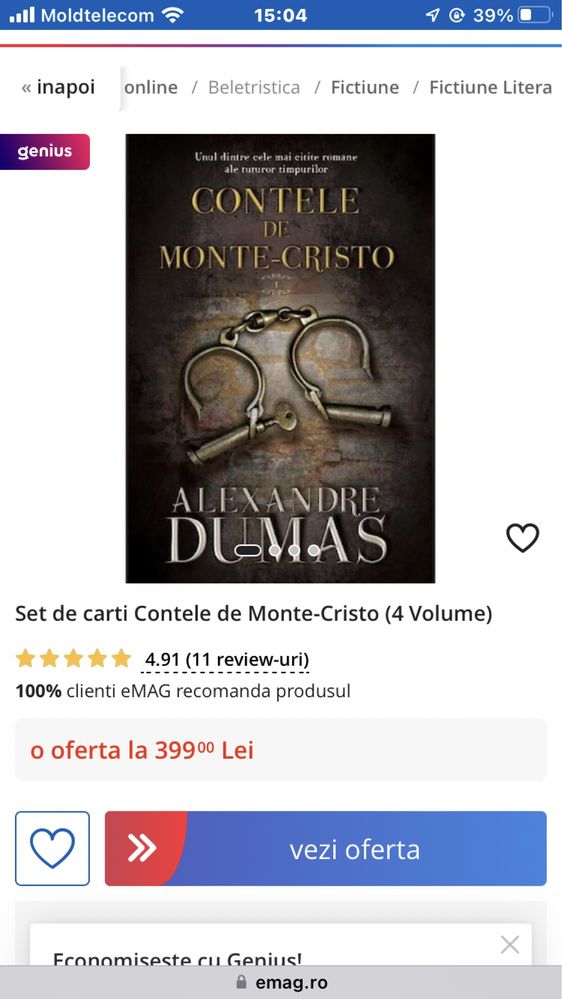 Vând setul de 4 volume “Contele de Minte-Cristo” de Alexandre Dumas