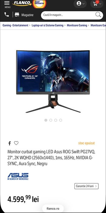 Monitor gaming curbat LED Asus Rog Swift PG27VQ 27’, 2K WQHD,165Hz,1ms