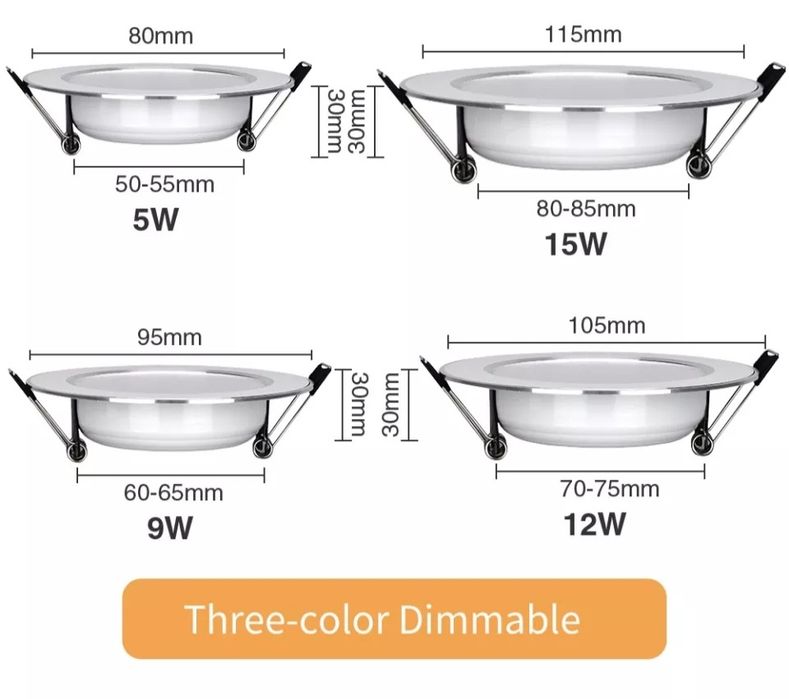 Spoturi LED 3 culori rece/cald/neutru 2700K/4500K/6400K 5W/9W/12W/15W