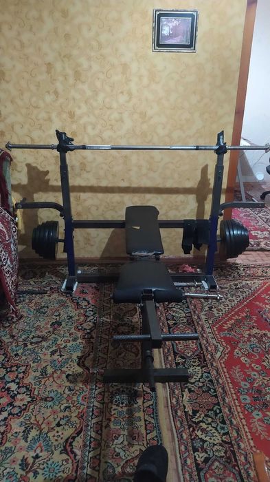 комплект многофункциональная скамья для жима, гриф,блины,гантели,
