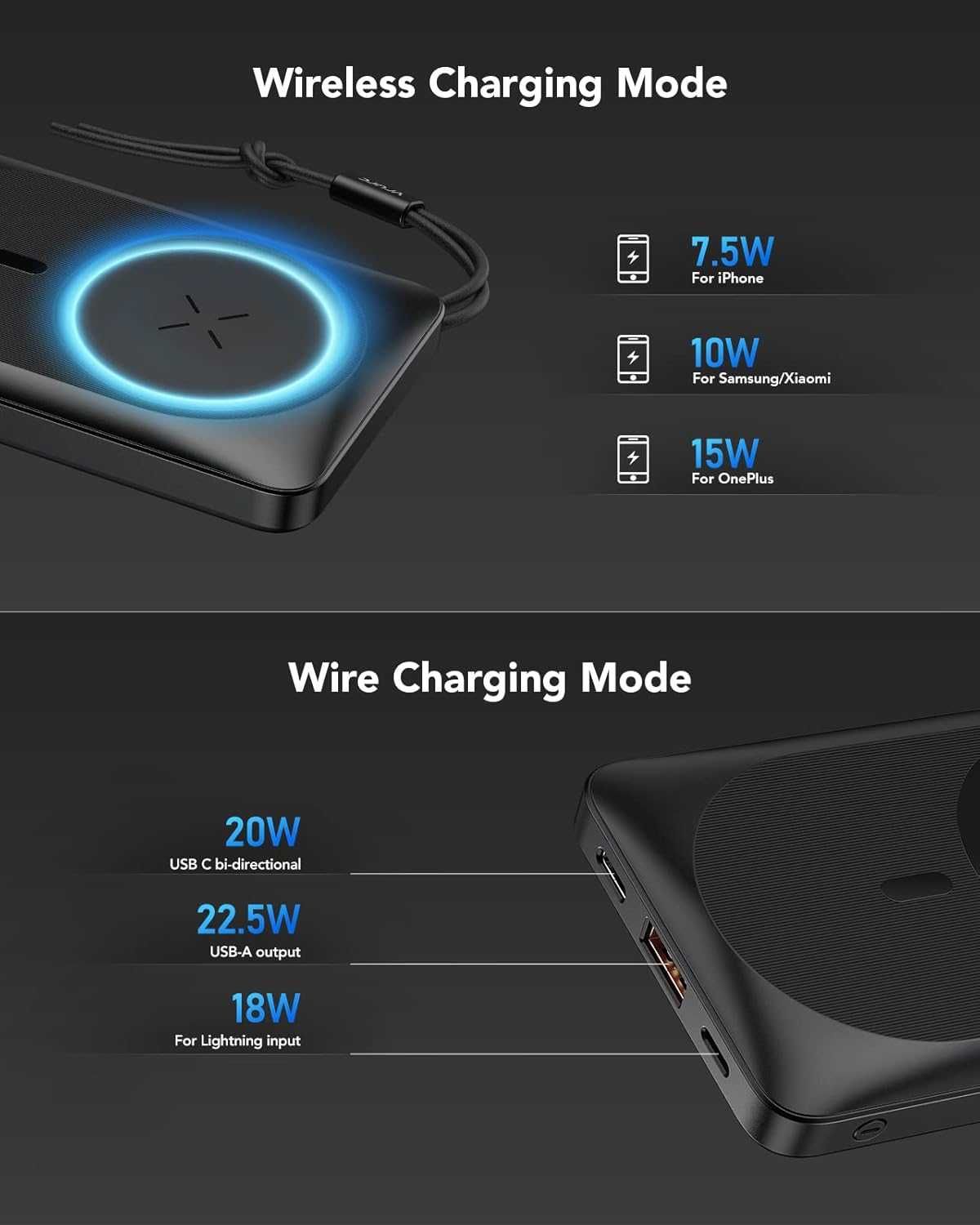 Безжично преносимо зарядно устройство VRURC за iPhone, 10000 mAh