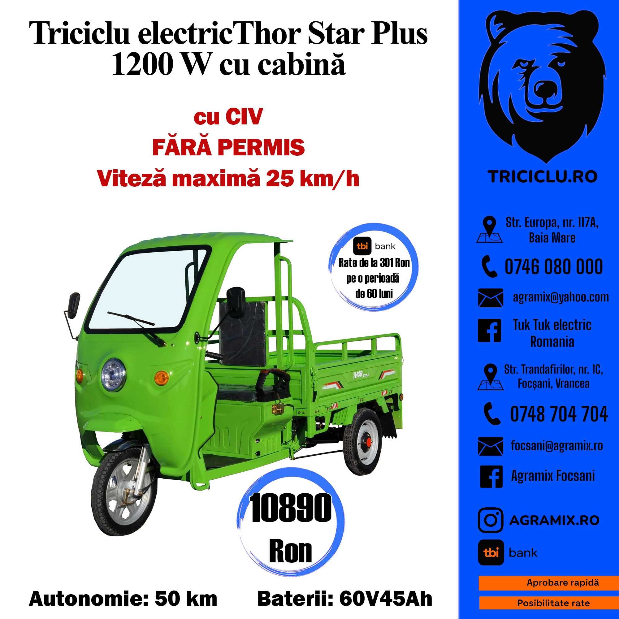 Triciclu electric THOR STAR VERDE PLUS cu cabina FARA PERMIS Agramix