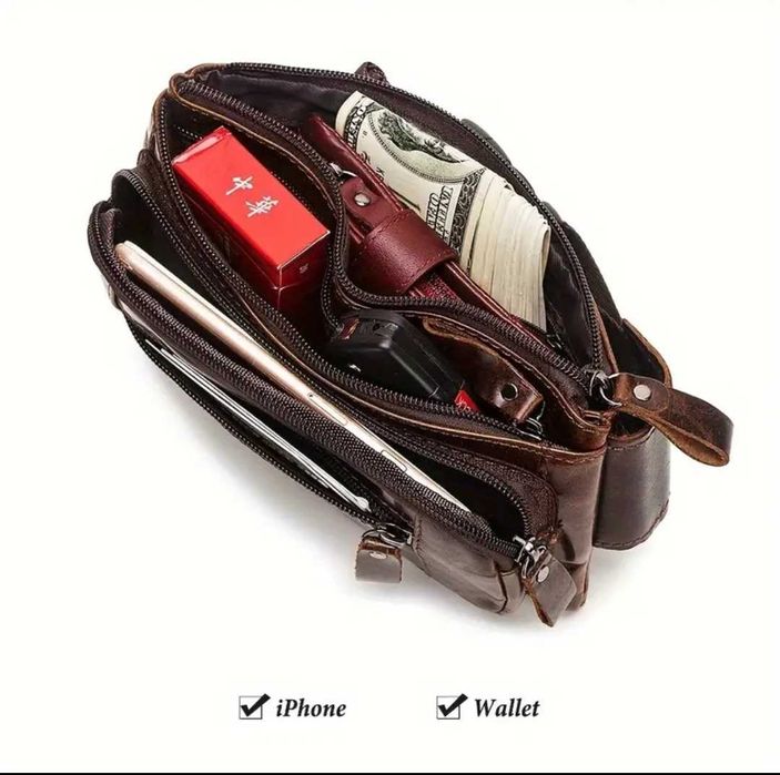 Мъжка чанта през рамо от естествена кожа. Бъбрек