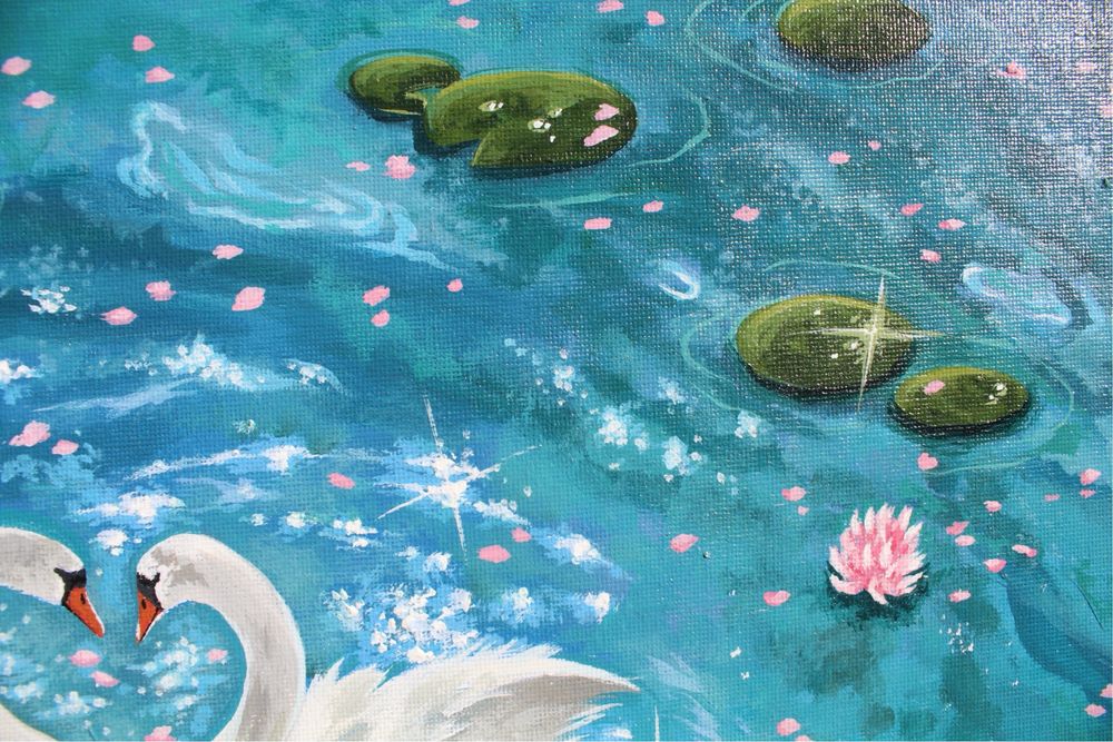 Pictură acrilic pe carton pânzat lebede nuferi