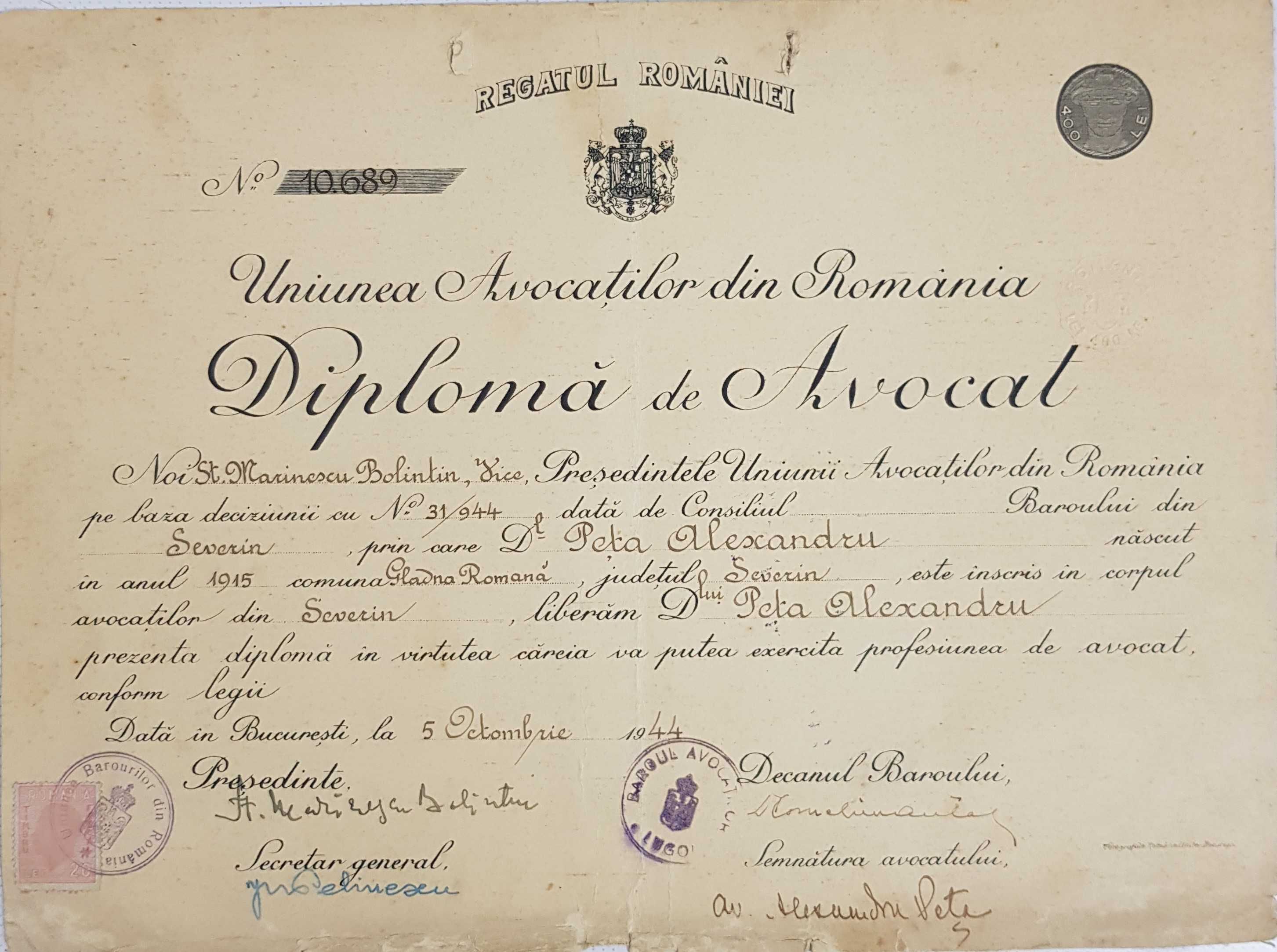 Diploma de avocat 1944