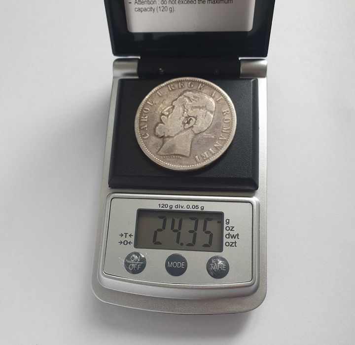 Moneda 5 lei 1881 argint, variante rege, stema mare, 6 stele, mai rara