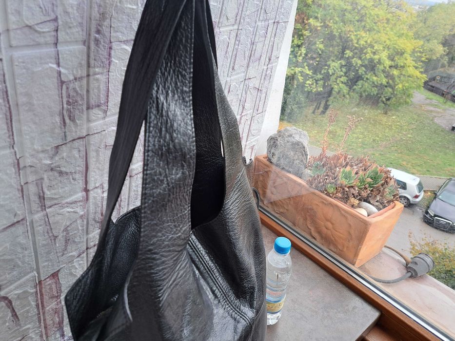 дамска чанта,черна кожена торба-естествена кожа