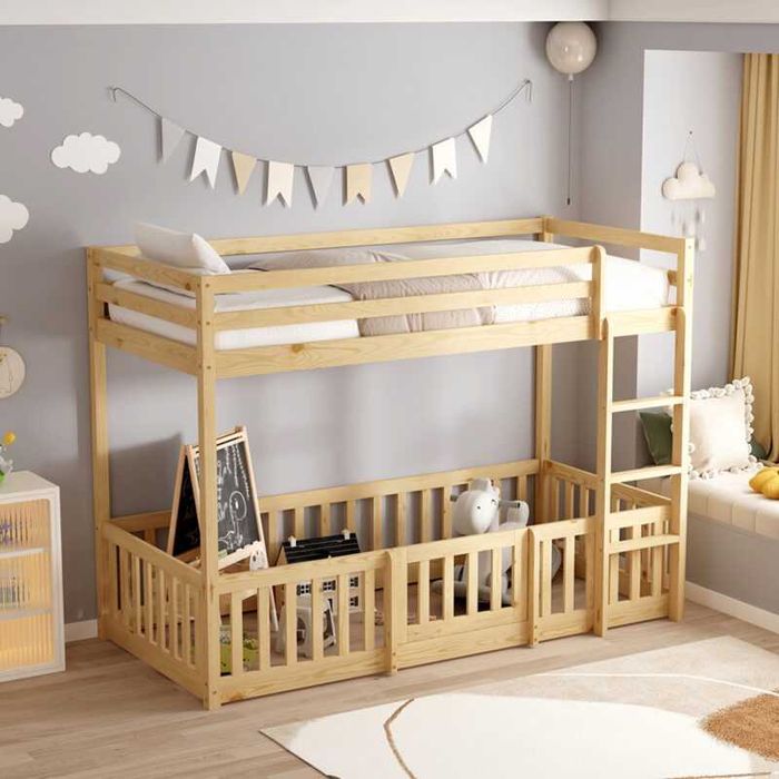 Детско двуетажно легло, PLAYKID, Бял или Натурален, Чам, 190х90см.