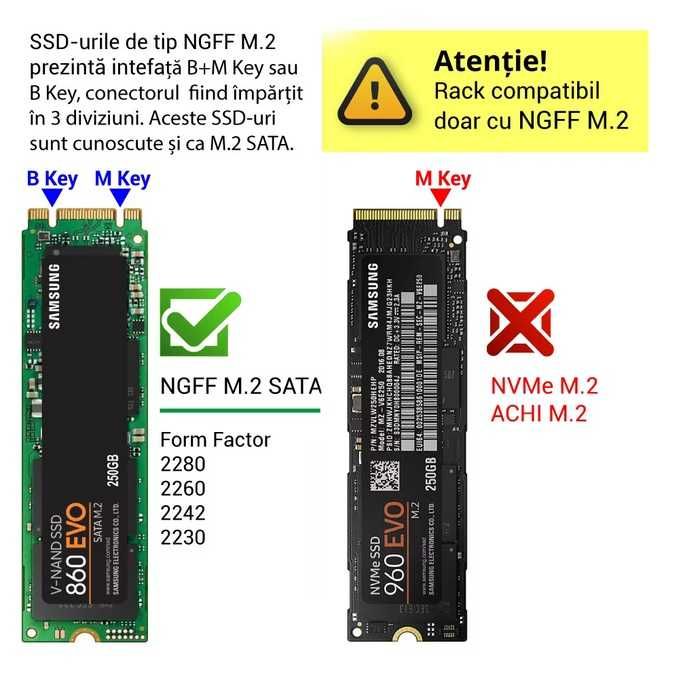 Rack extern / carcasa SSD M.2 NGFF (de tip SATA) la USB 3.0 + USB-C