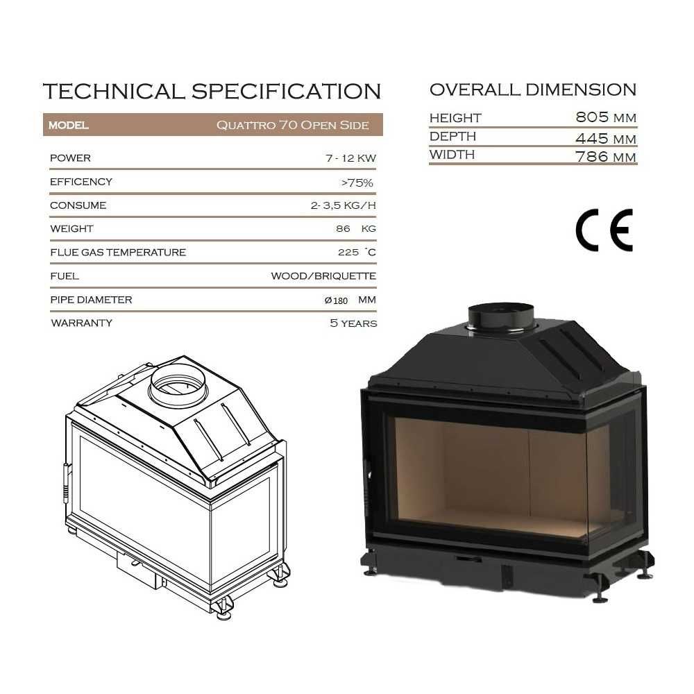 Semineu/Focar pe lemne/brichete A-Caminetti QUATTRO 70 R OPEN SIDE