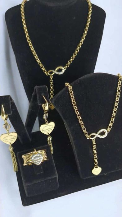 Set bratara, cercei si lantisor din aur 24k, inelul 14k