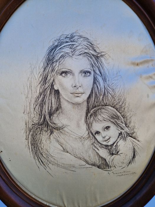 Прекрасна антикварна авторска картина върху коприна- Тарантино