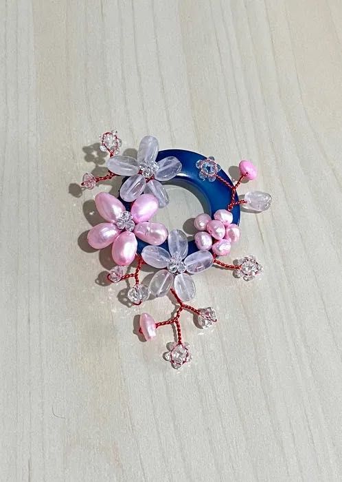 Brosa handmade agat perle de cultura, cuart roz