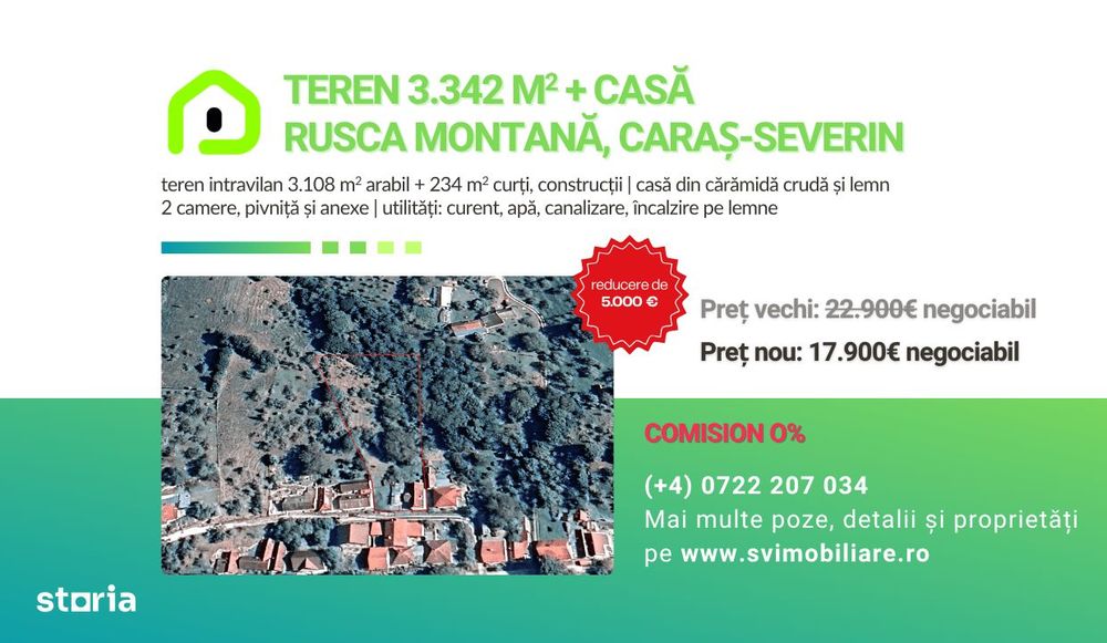 Comision 0 - Teren 3342 mp cu casa in Rusca Montana