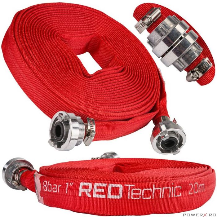 Furtun apa tip pompieri 1"20 metri, 8 bari, cu cuple, Red Technic