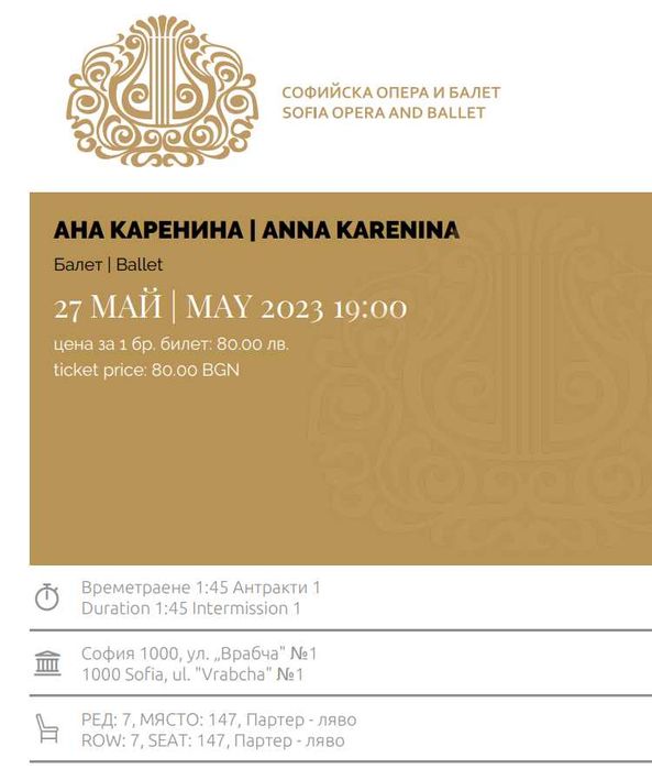 Билет за Ана Каренина / 27 май, Софийска опера