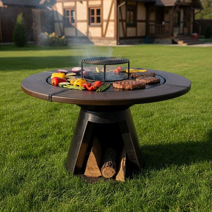 Gratar cu plita rotunda si blat de lemn