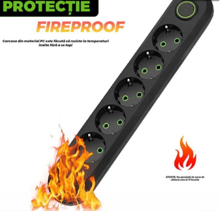 Prelungitor cu 5 Prize Schuko si 3 Porturi USB