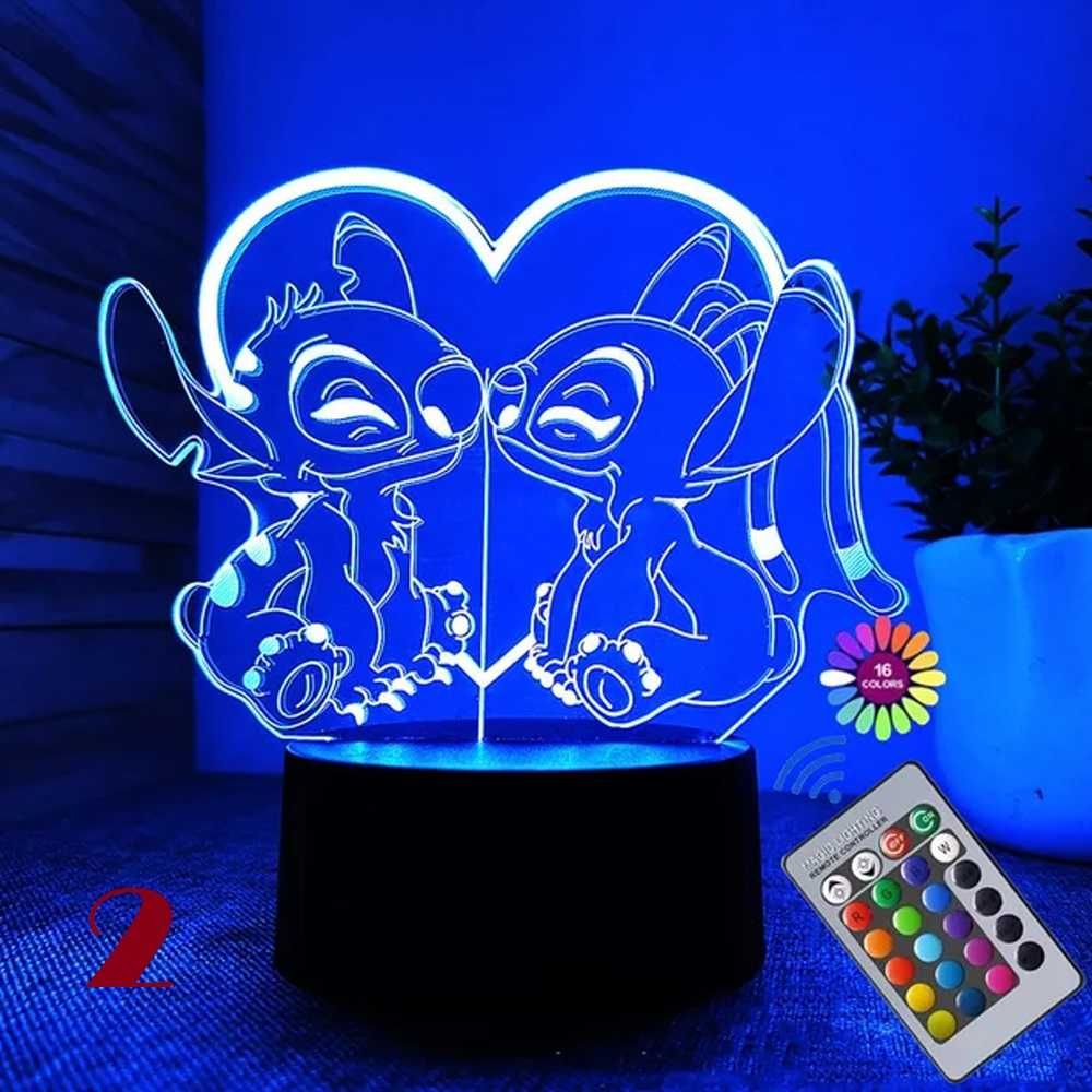 Lampa led 3D, Jucarii, lumina de veghe, veioza, Stitch & Angel, cadou