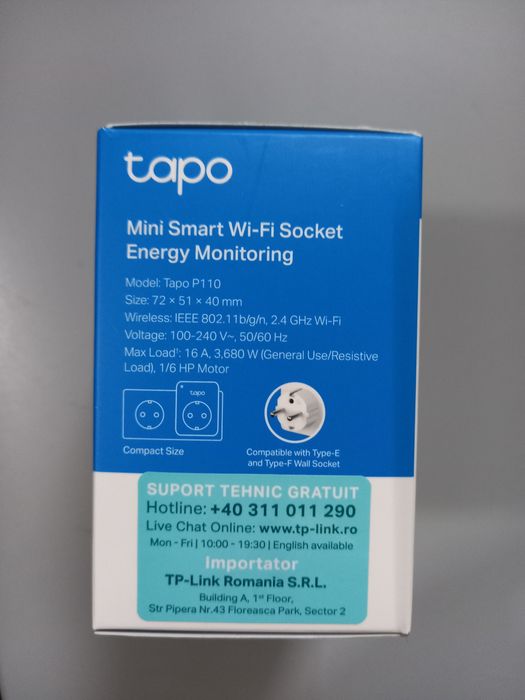 Prizā inteligente TP-LINK Tapo P110, Wi-Fi, 3680W, 16A, alb