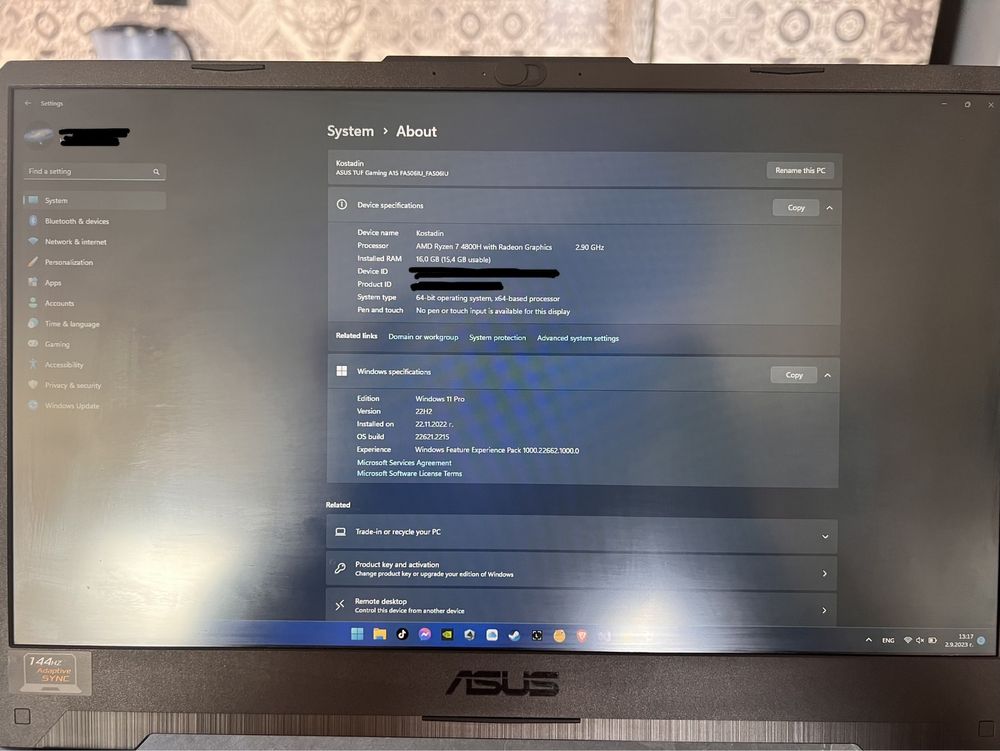 Asus TUF A15 Ryzen 7, 16 GB RAM, 1660Ti 6GB