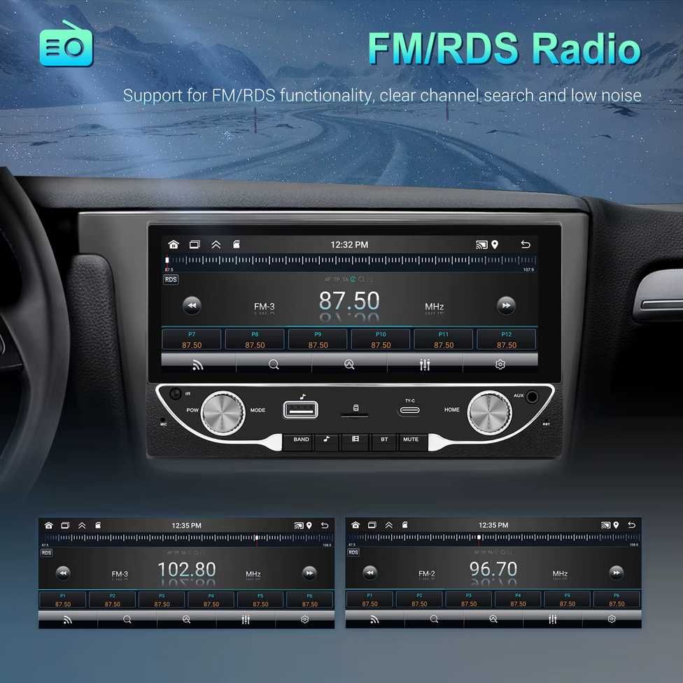 6.86” 1280*480 2-Din мултимедия с Android 12, RDS, 64GB ROM, RAM 2GB