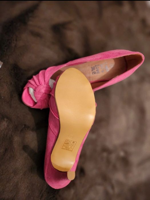 Pantofi piele intoarsa roz Barbie cu toc și platforma