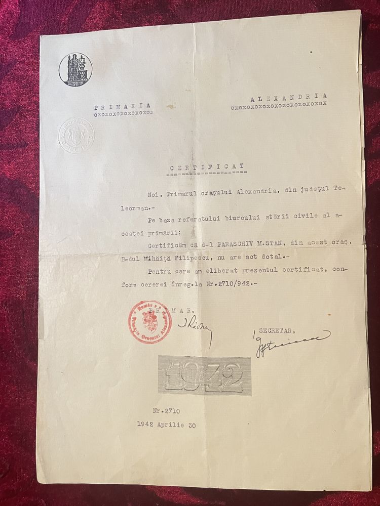Certificat rar Alexandria 1942
