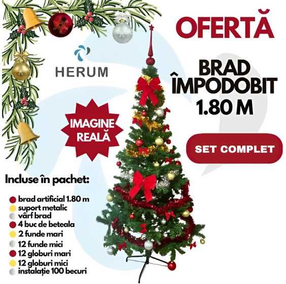 Brad de Craciun cu accesorii de impodobit, 1.80m inaltime, set complet