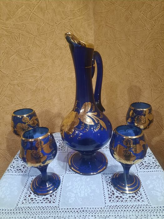 Винтажный набор, Богемия, Чехословакия, кобальтовое стекло, золочение.