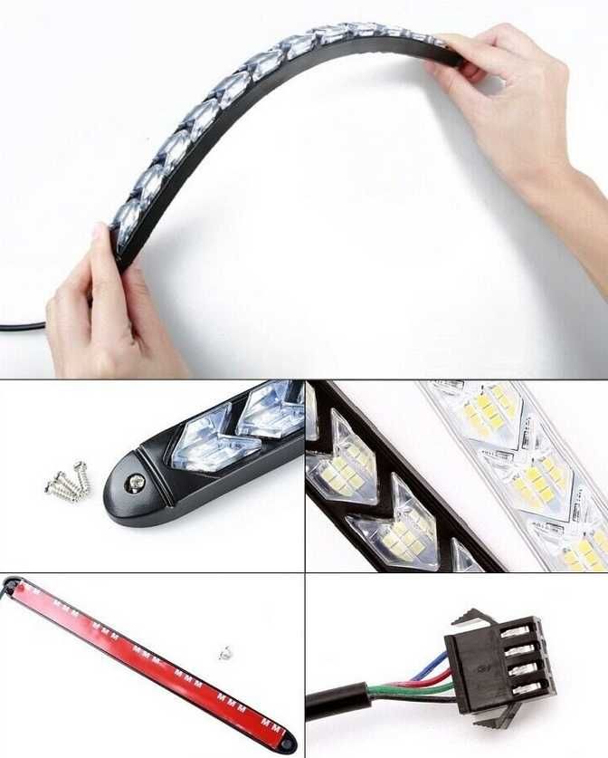 Дневни 6 LED светлини гъвкави с вграден бягащ мигач - 18.5см. 2 броя