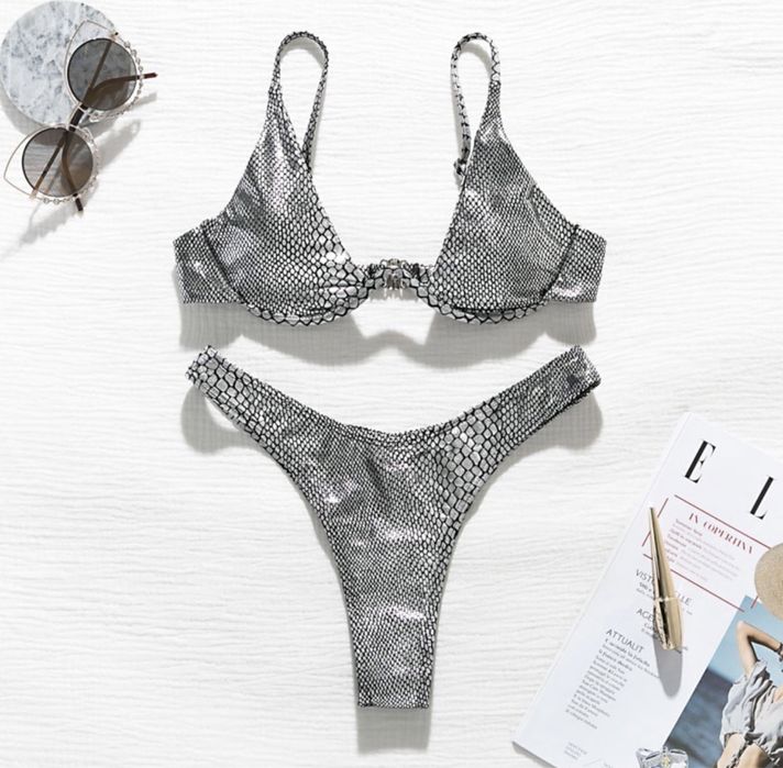 Costum de baie C114 (Daira-Shop.ro) Argintiu Negru Push Up Talie Inalt