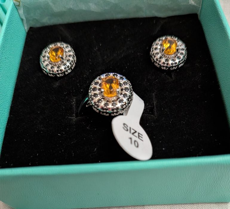 Сребърен комплект с естествен черен шпинел и цитрин