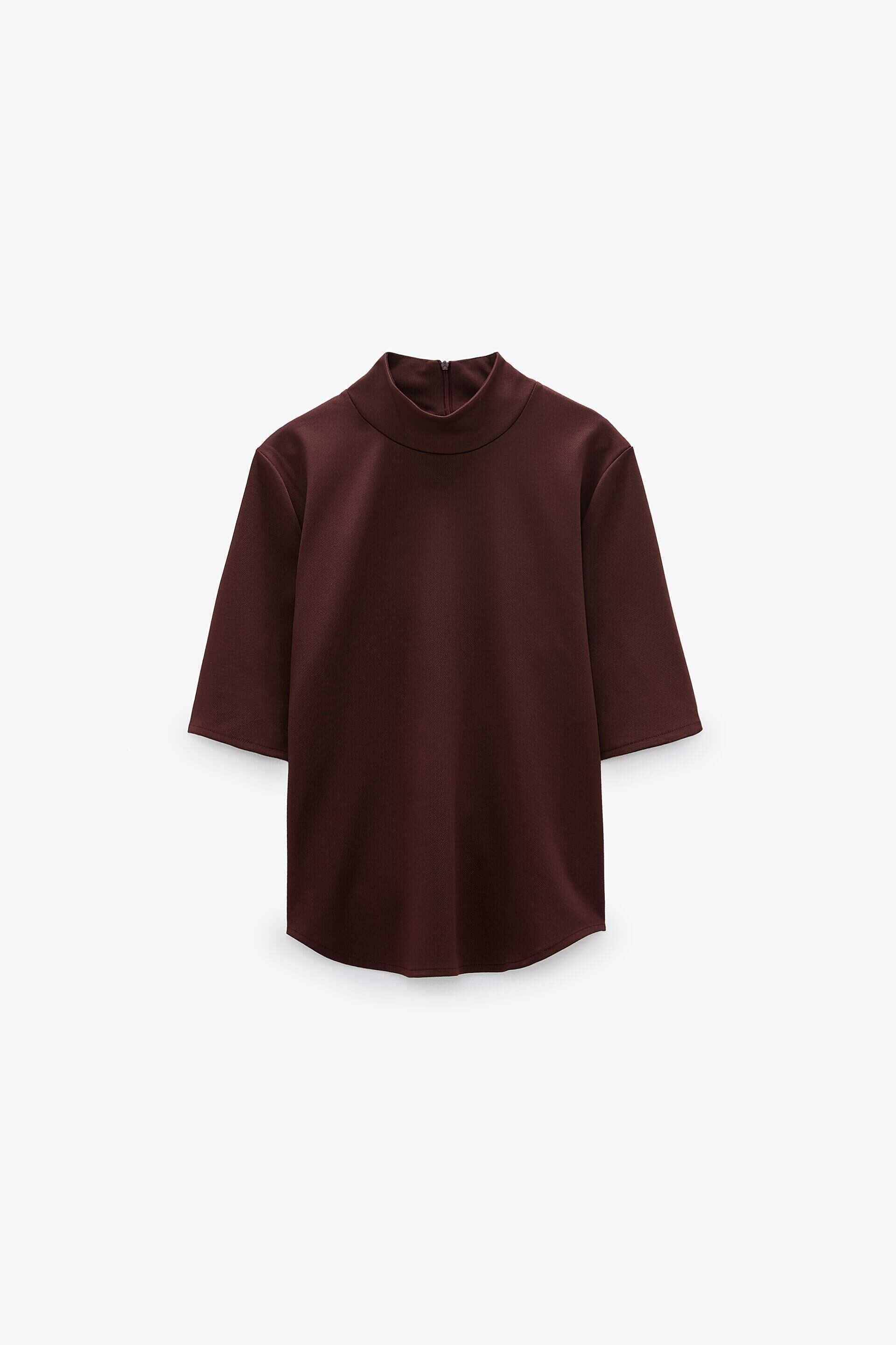 Дамска тениска с високо деколте Zara, 96% полиестер, Кафява, XL
