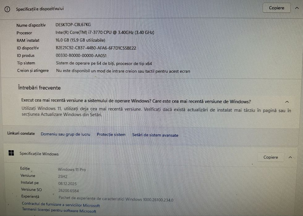 Sistem complet rapid– i7, 16GB RAM, SSD 256GB, video integrat intel