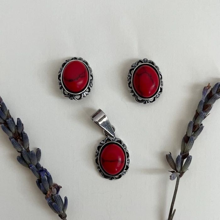 Set argint 925 – cercei + medalion, coral natural rosu, vintage, retro