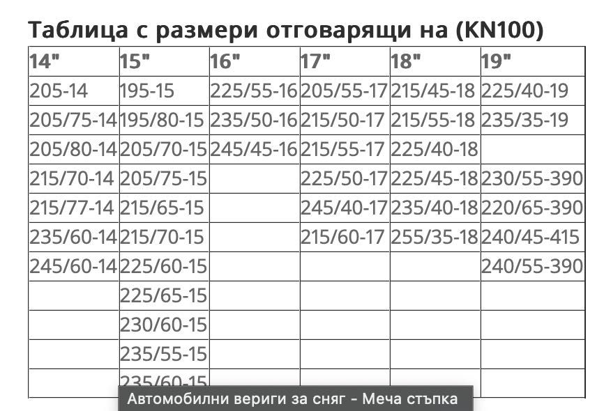 Автомобилни вериги за сняг - Меча стъпка (KN100)