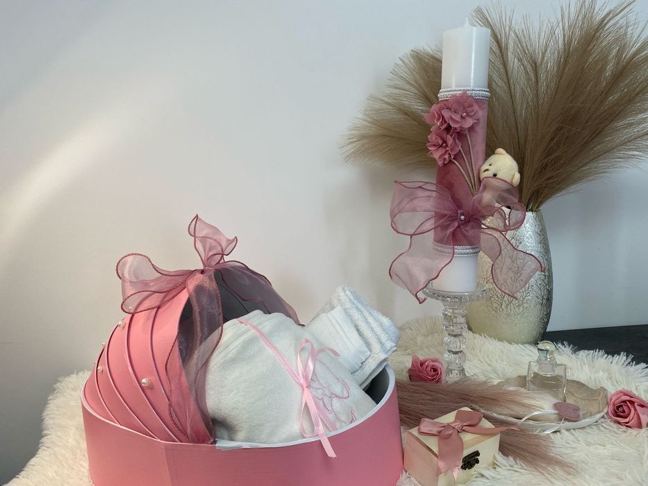 Set trusou complet, cutie landou si lumanare, roz