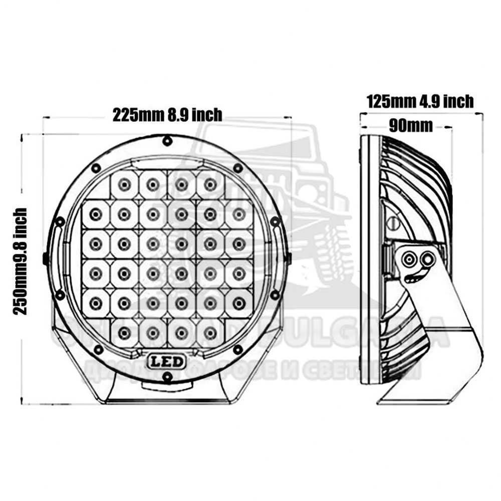 ЛЕД прожектор 9" (225мм) 185W 12V/24V, тип "пита", лъч до 250м