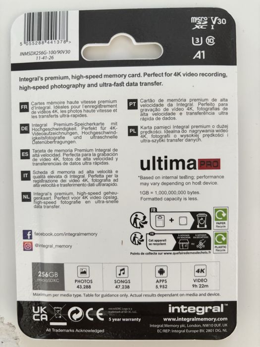 Card SD 256GB, Integral, V30 UHS-I, 100MB/s, 4K Ultra HD